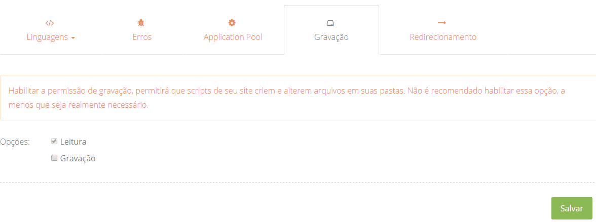 Clique em permissão de gravação