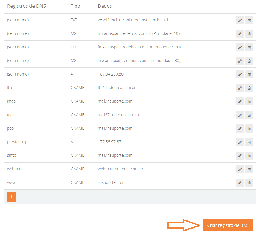 Clique em criar registro de dns